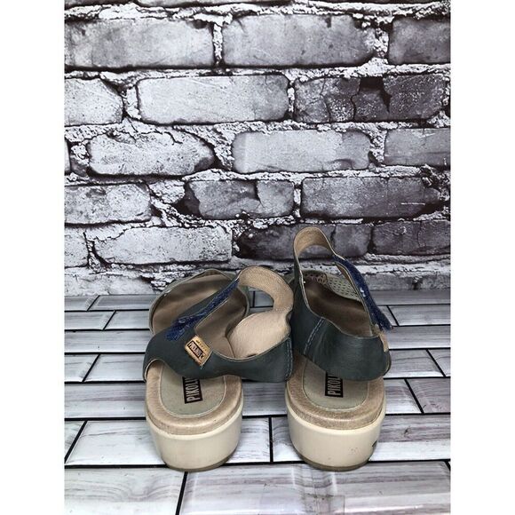 Pikolinos Beige Leather Floral Cut Blue Ankle Strap Wedge Sandals Women 39EU/8.5 - Picture 5 of 16